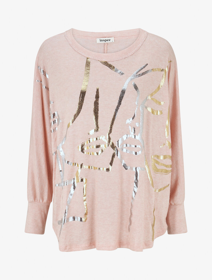 Pull fin droit flocage stylisé irisé - Rose - 1