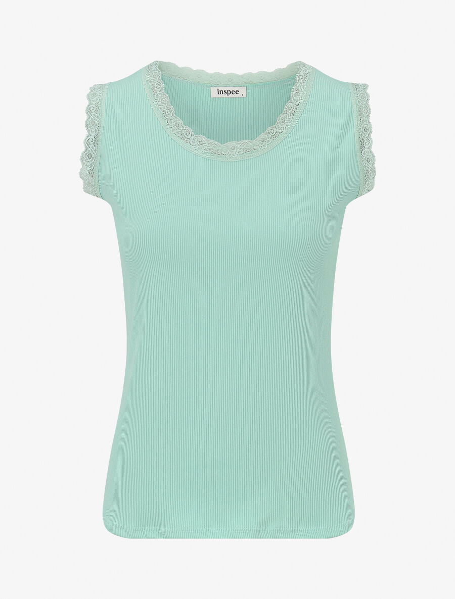 Débardeur côtelé à dentelle coupe ajustée - Vert d&