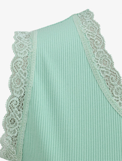 Débardeur côtelé à dentelle coupe ajustée - Vert d&