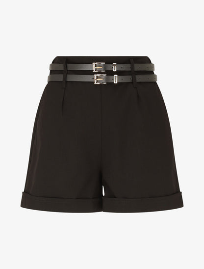 Short droit taille haute à double ceintures - Noir - 1