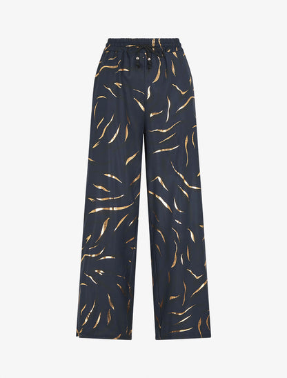 Pantalon satiné taille haute à motif doré - Marine - 1