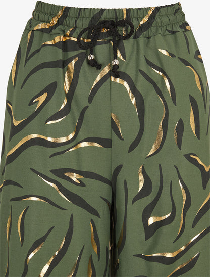 Pantalon satiné taille haute à motif doré - Kaki - 3