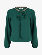 Blouse unie à nouer et col a sequins - Vert sapin - 1