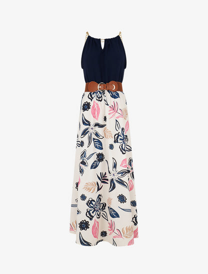 Robe imprimé fleuri à bretelles en chaîne - Marine - 1
