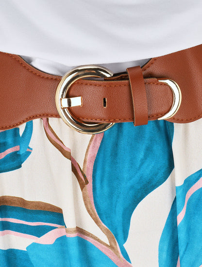 Robe longue dos nu à imprimé grandes feuilles - Bleu canard - 3