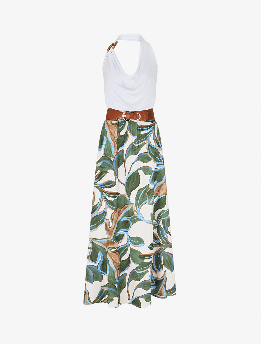 Robe longue dos nu à imprimé grandes feuilles - Kaki - 1