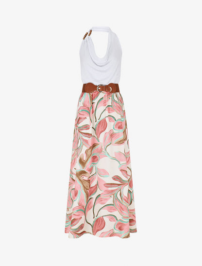 Robe longue dos nu à imprimé grandes feuilles - Rose - 1