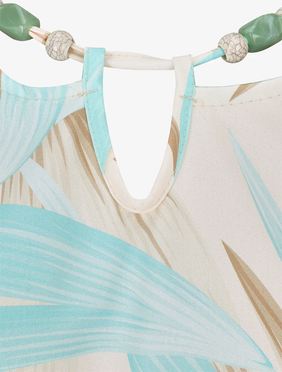 Robe mi-longue à col à perles et imprimé tropical - Turquoise - 3