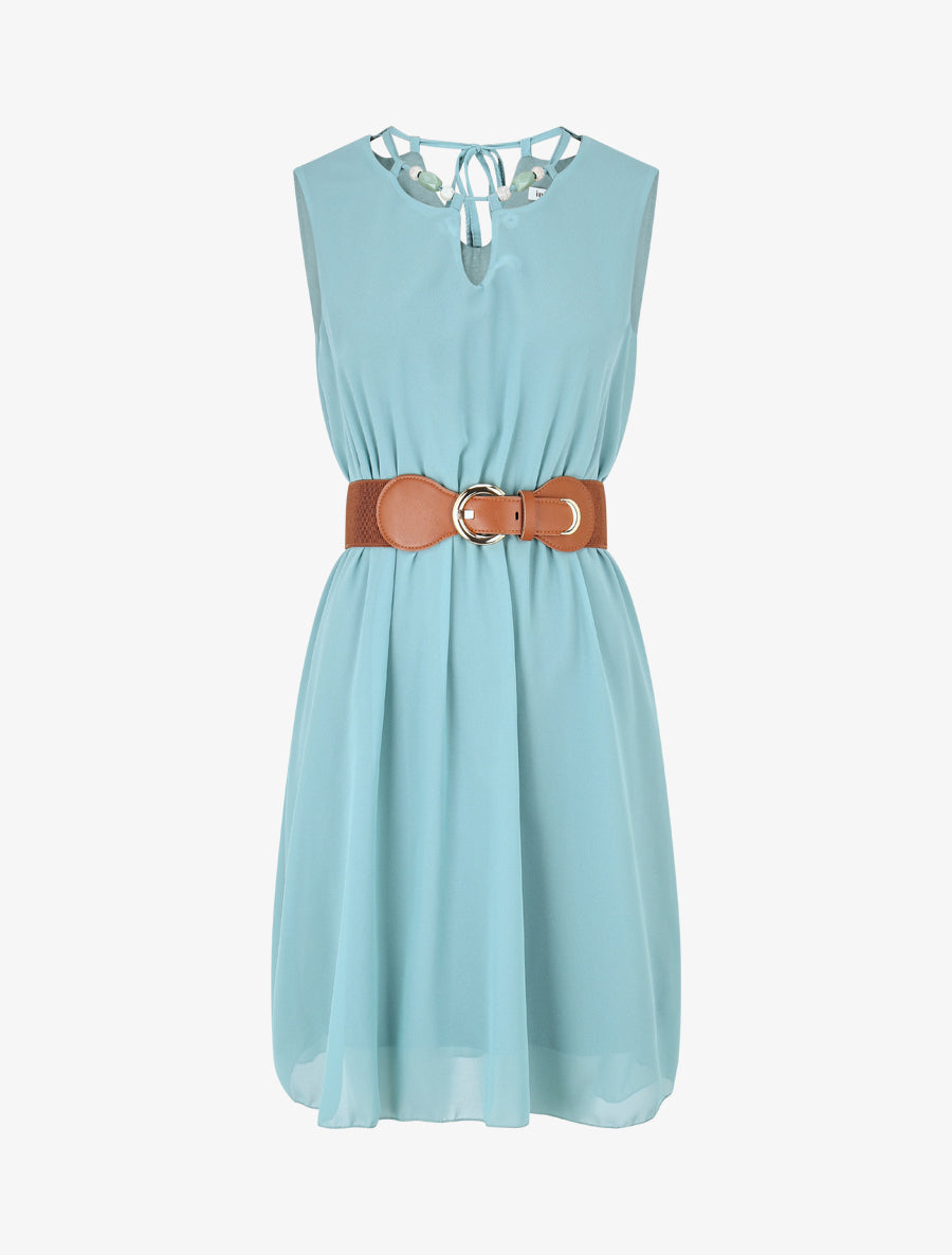 Robe mi-longue unie à col à perles - Turquoise - 1