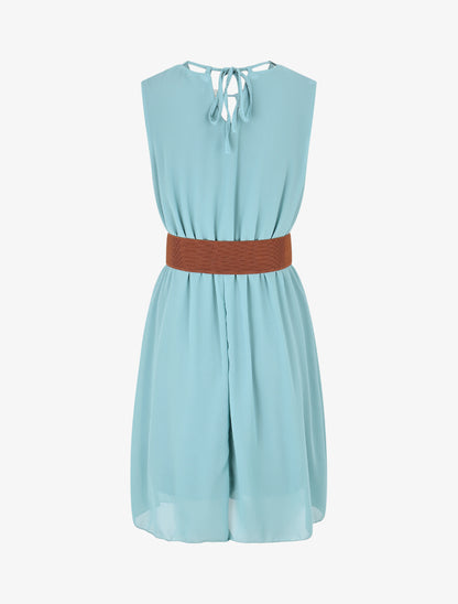 Robe mi-longue unie à col à perles - Turquoise - 2