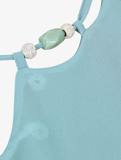 Robe mi-longue unie à col à perles - Turquoise - 3