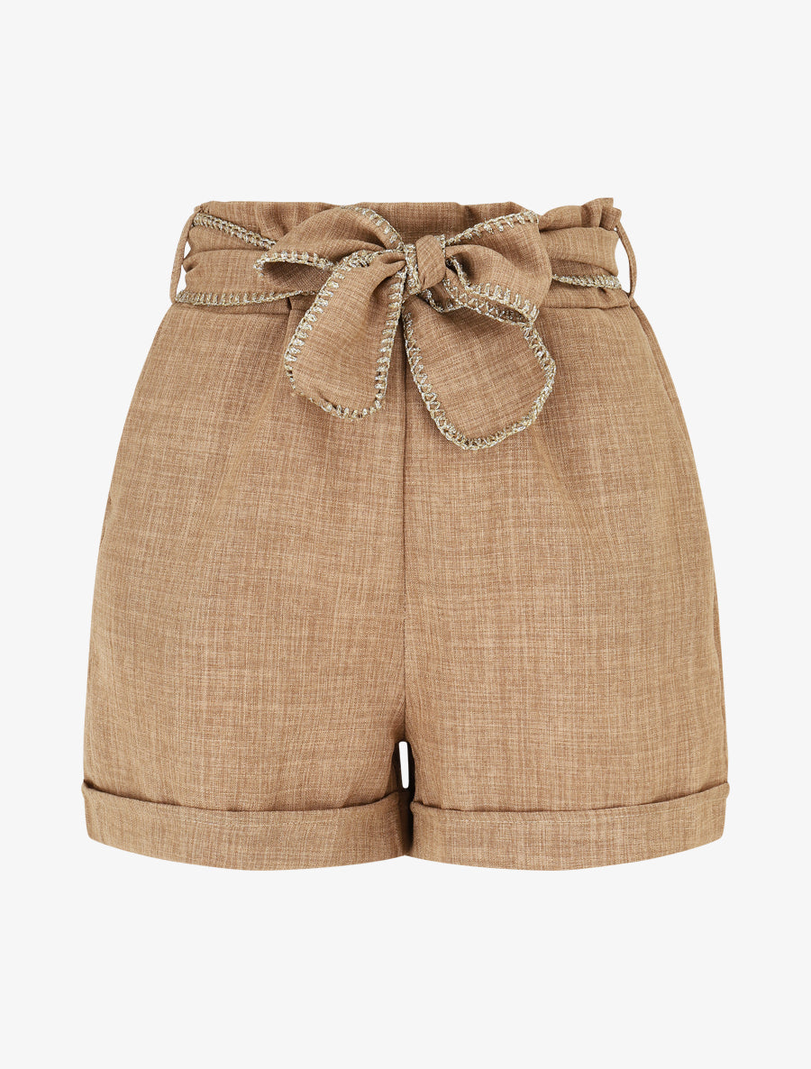 Short taille haute à ceinture fantaisie - Taupe - 1