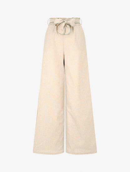 Pantalon ample à rayures et ceinture fantaisie - Beige - 1