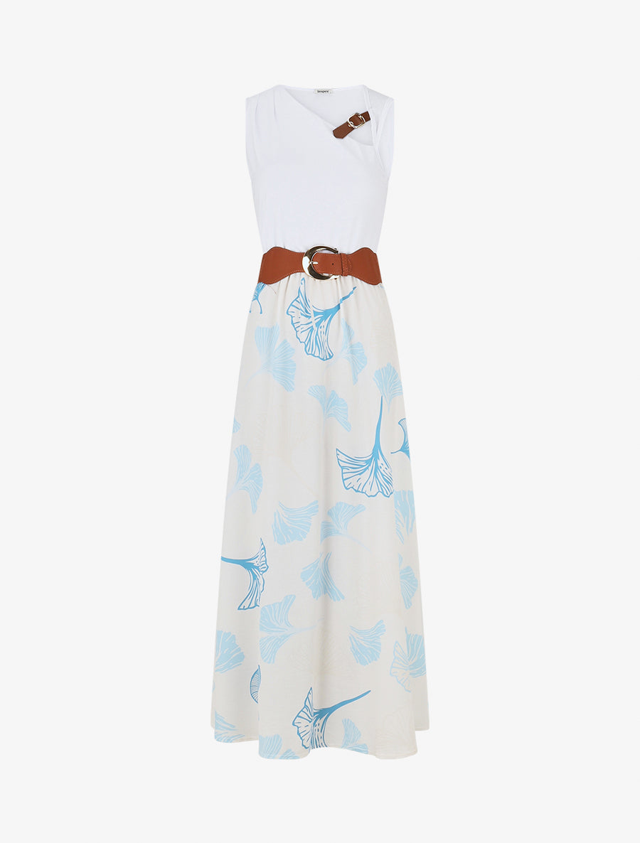 Robe longue imprimé végétal et col à sangle - Bleu ciel - 1