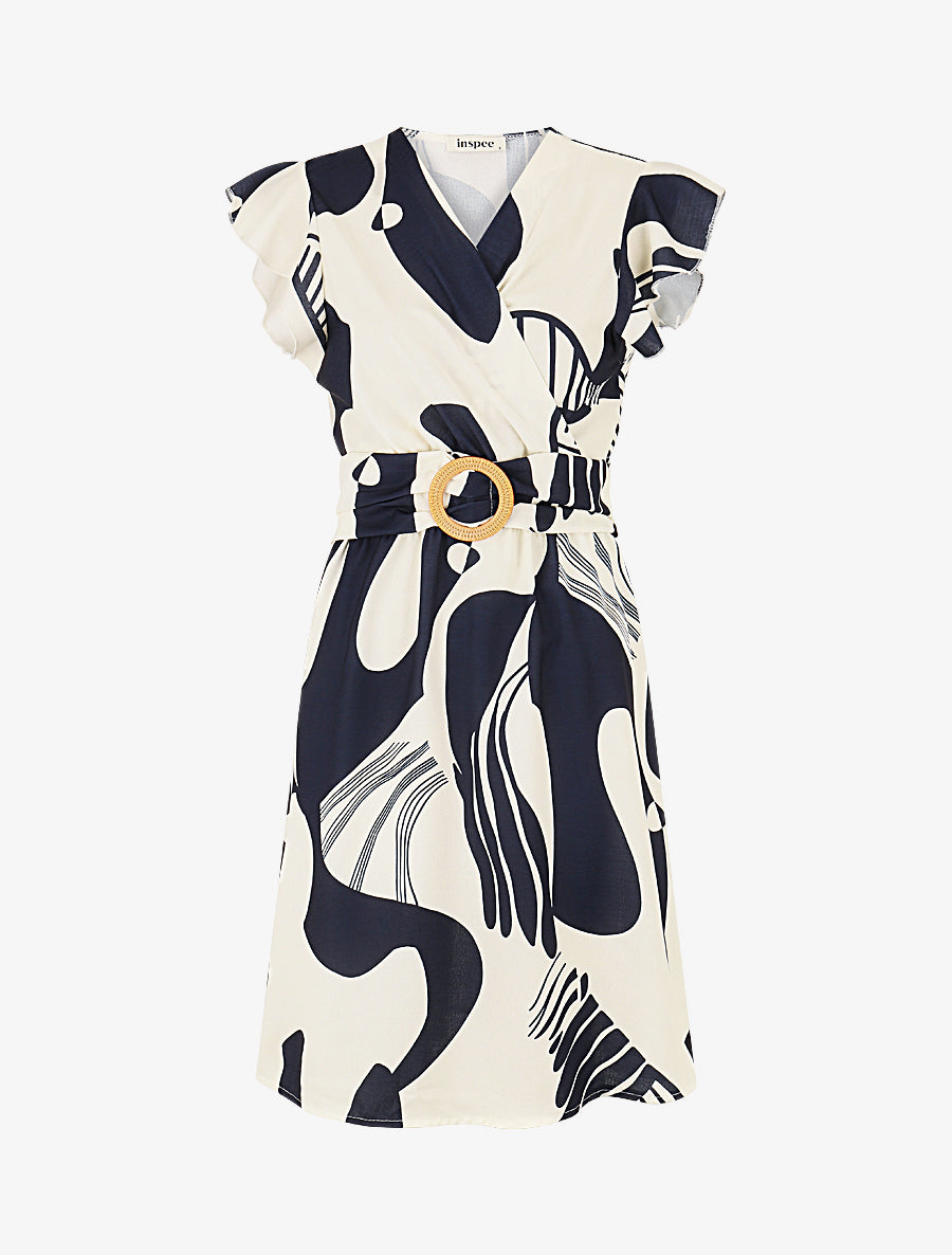 Robe élastiquée à manches volantées - Marine - 1