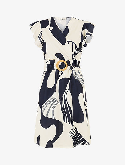 Robe élastiquée à manches volantées - Marine - 1