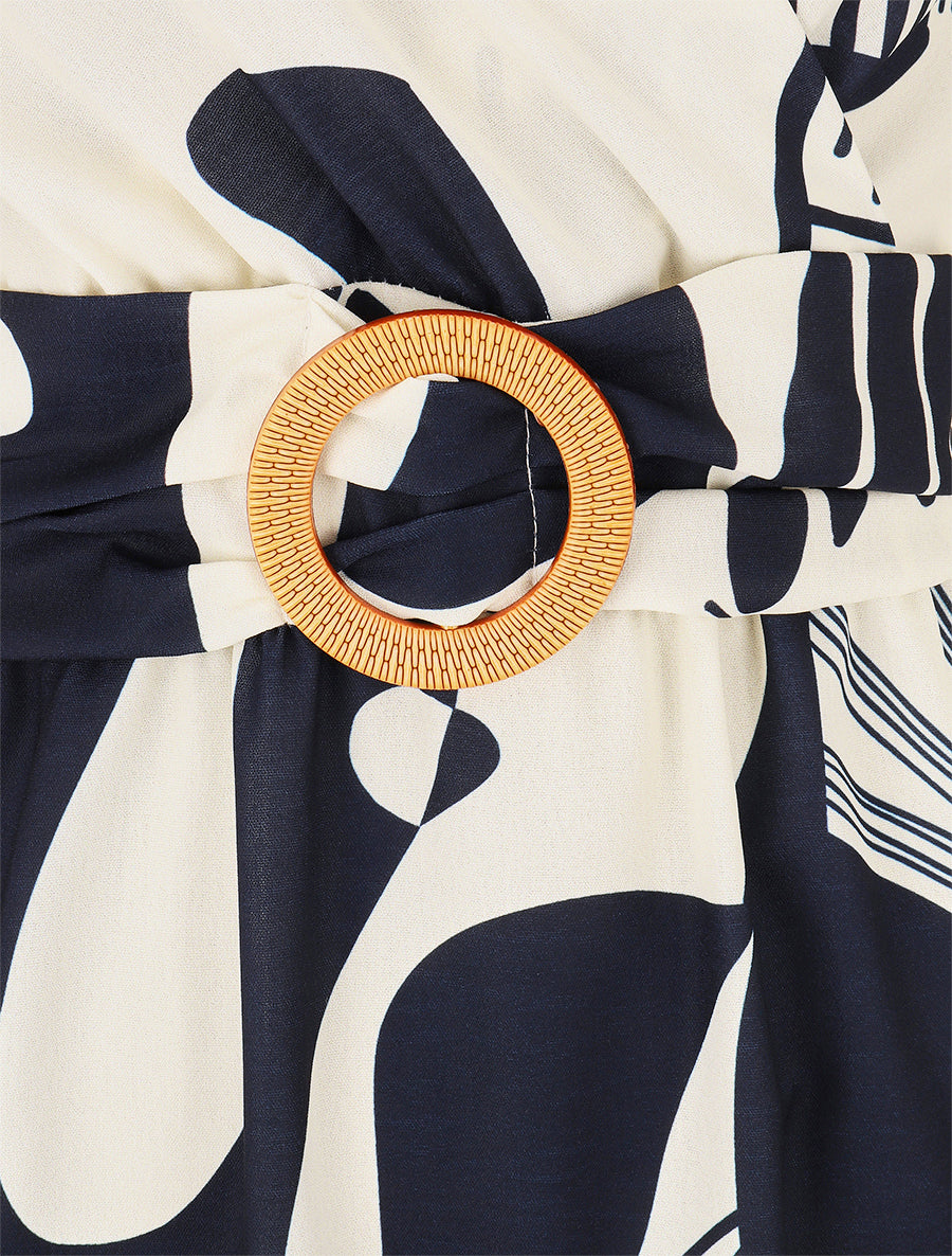 Robe élastiquée à manches volantées - Marine - 3