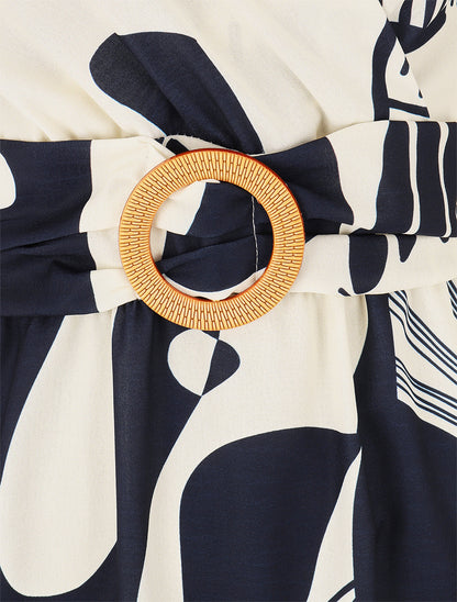 Robe élastiquée à manches volantées - Marine - 3