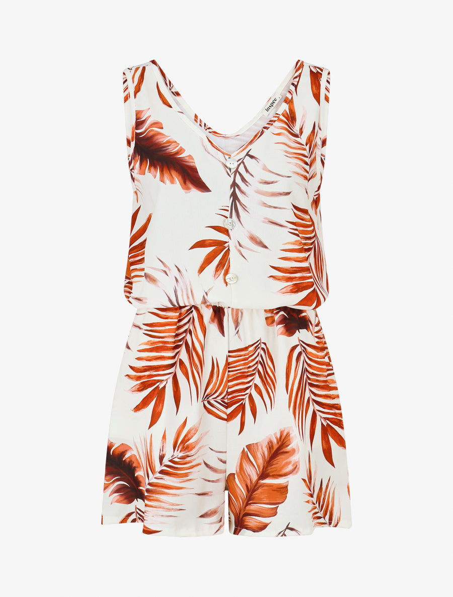 Combishort imprimé feuillage à taille élastiquée - Orange - 1