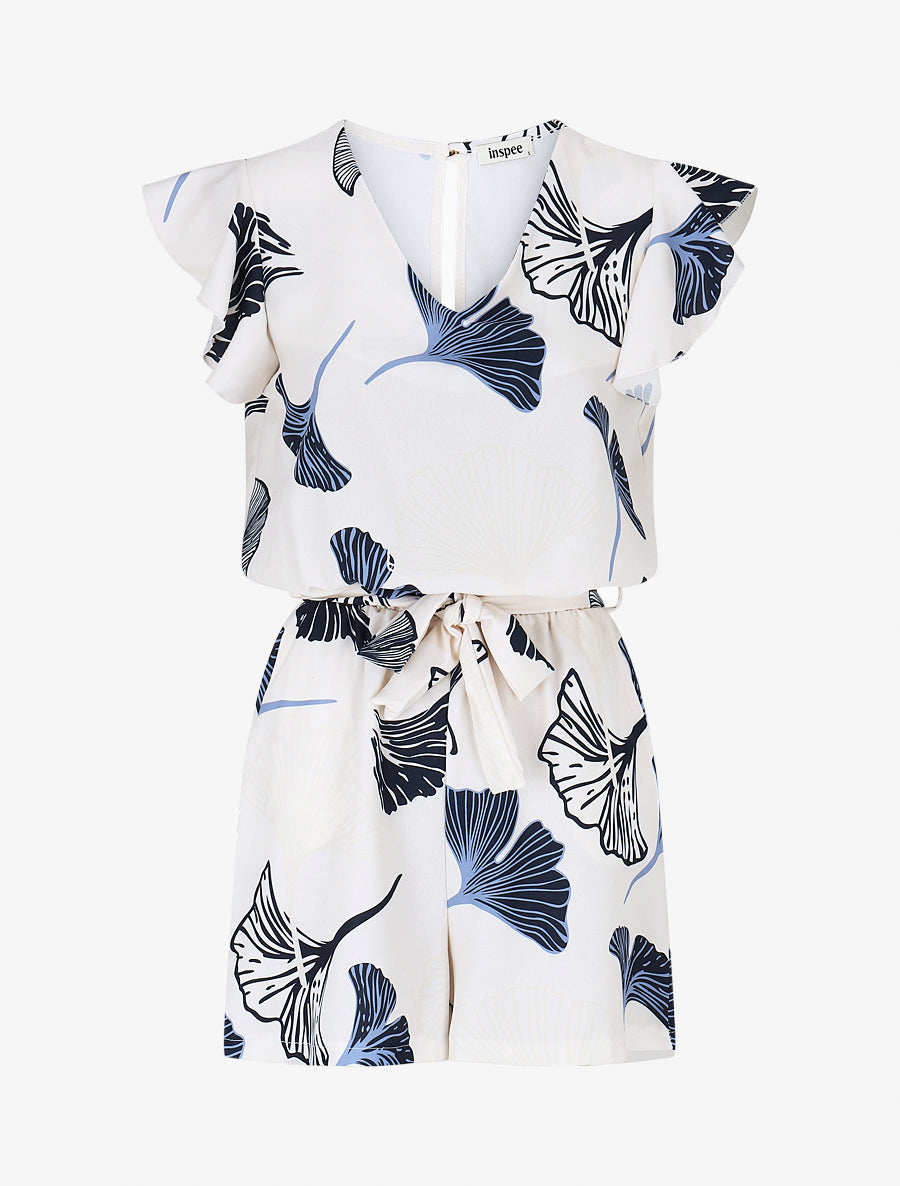 Combishort imprimé éventails à manches volantées - Marine - 1