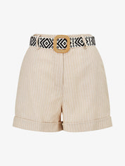 Short rayé ceinturé à revers - Beige - 1