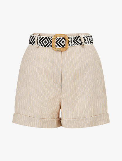 Short rayé ceinturé à revers - Beige - 1