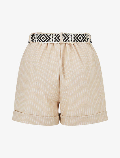 Short rayé ceinturé à revers - Beige - 2