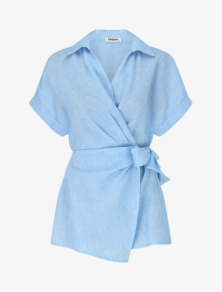 Blouse manches courtes à col cache-coeur - Bleu ciel - 1