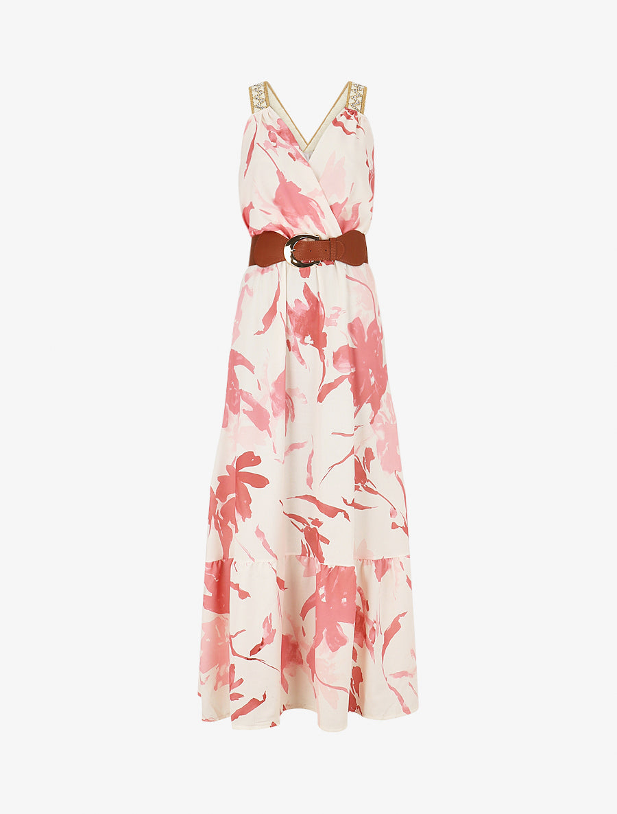 Robe longue élastiquée imprimé abstrait - Rose - 1