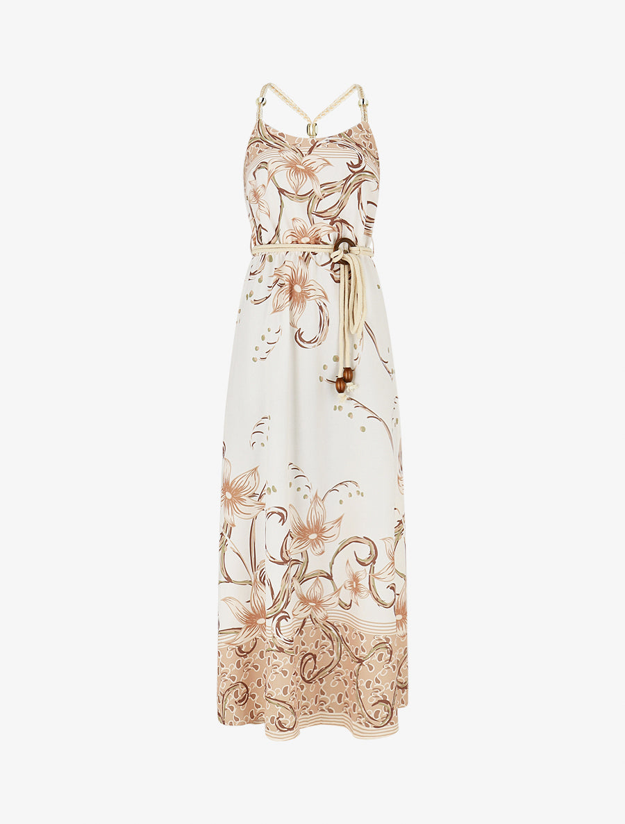 Robe longue imprimé floral à bretelles en corde - Beige - 1