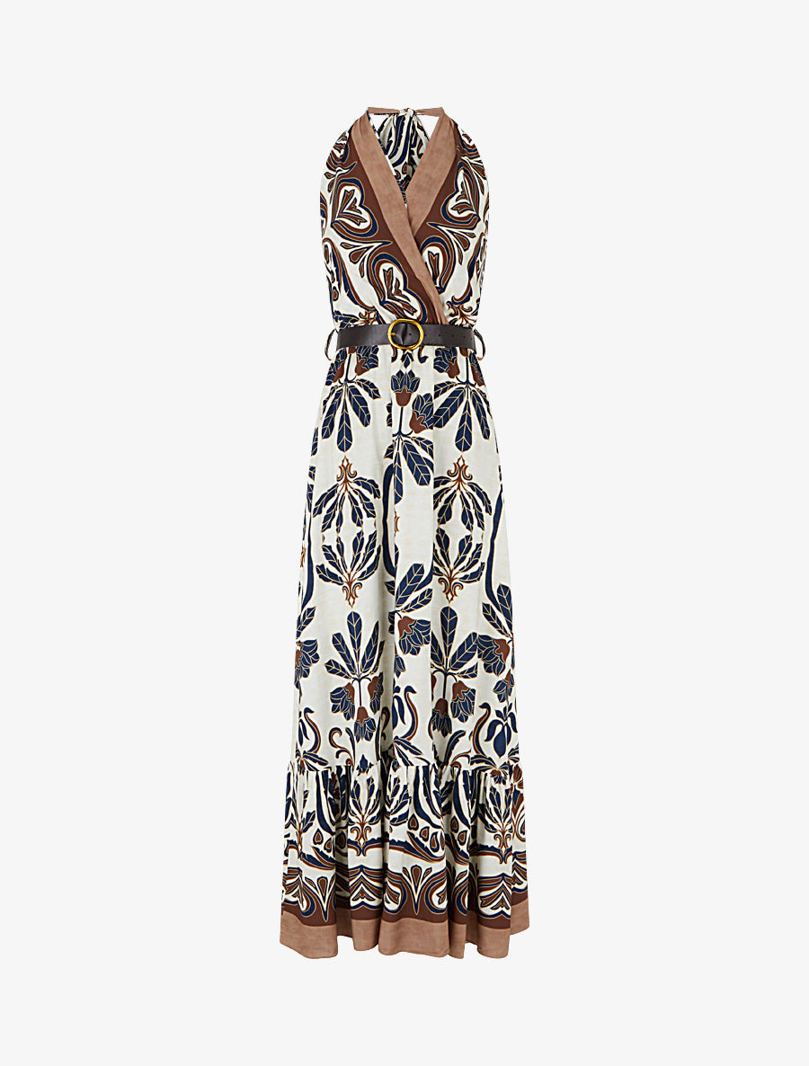 Robe longue élastiquée à nouer à la nuque - Marine - 1