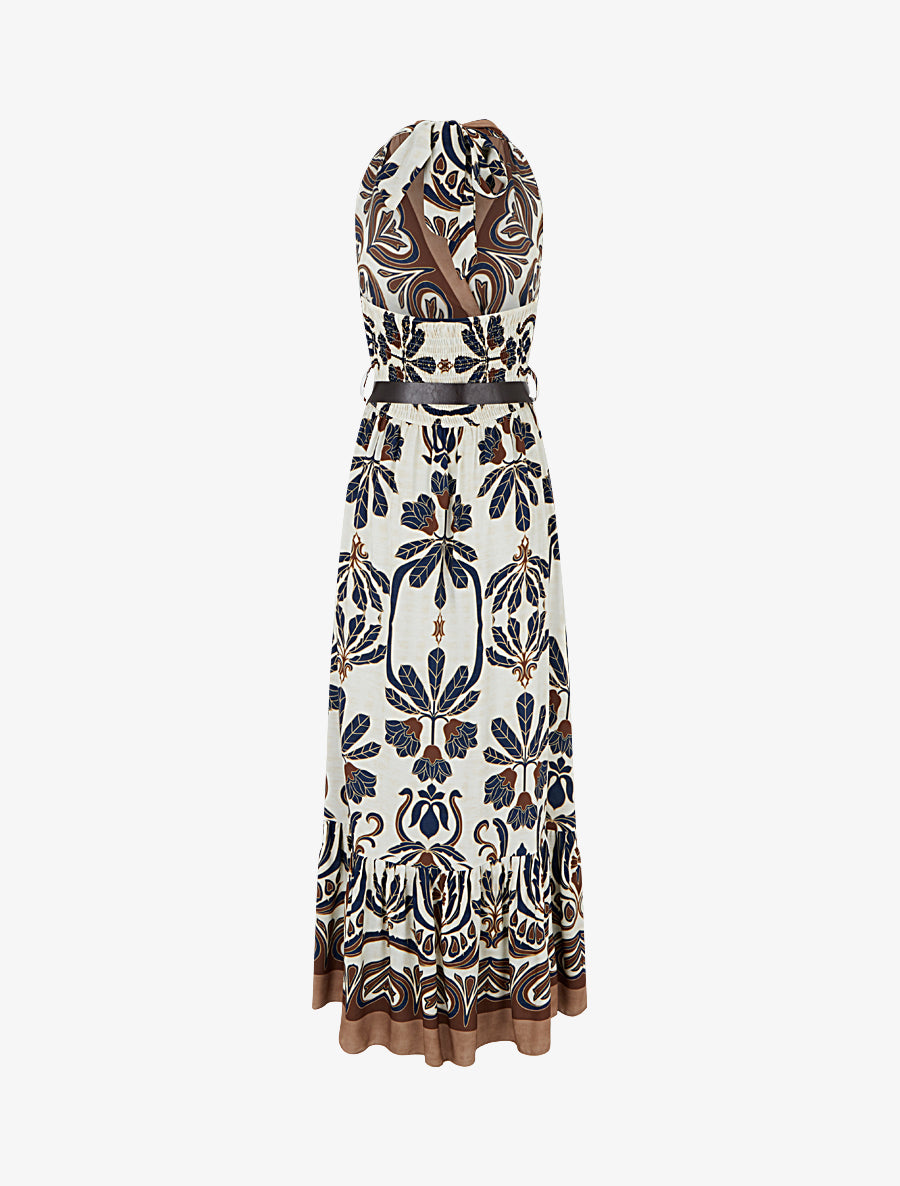 Robe longue élastiquée à nouer à la nuque - Marine - 2