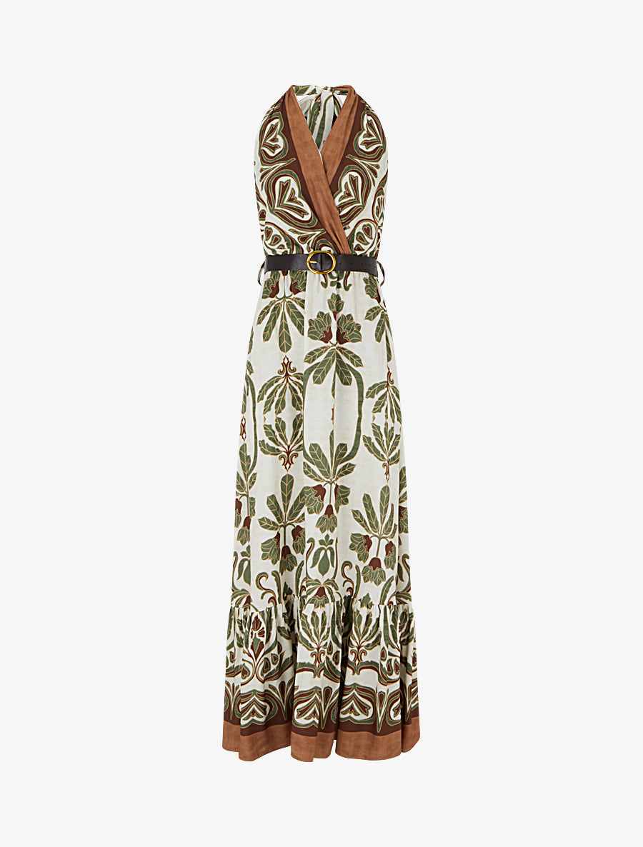 Robe longue élastiquée à nouer à la nuque - Kaki - 1