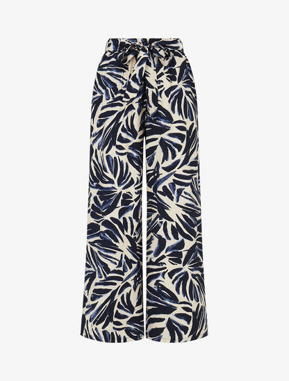 Pantalon imprimé feuilles abstraites à taille haute élastiquée - Marine - 1