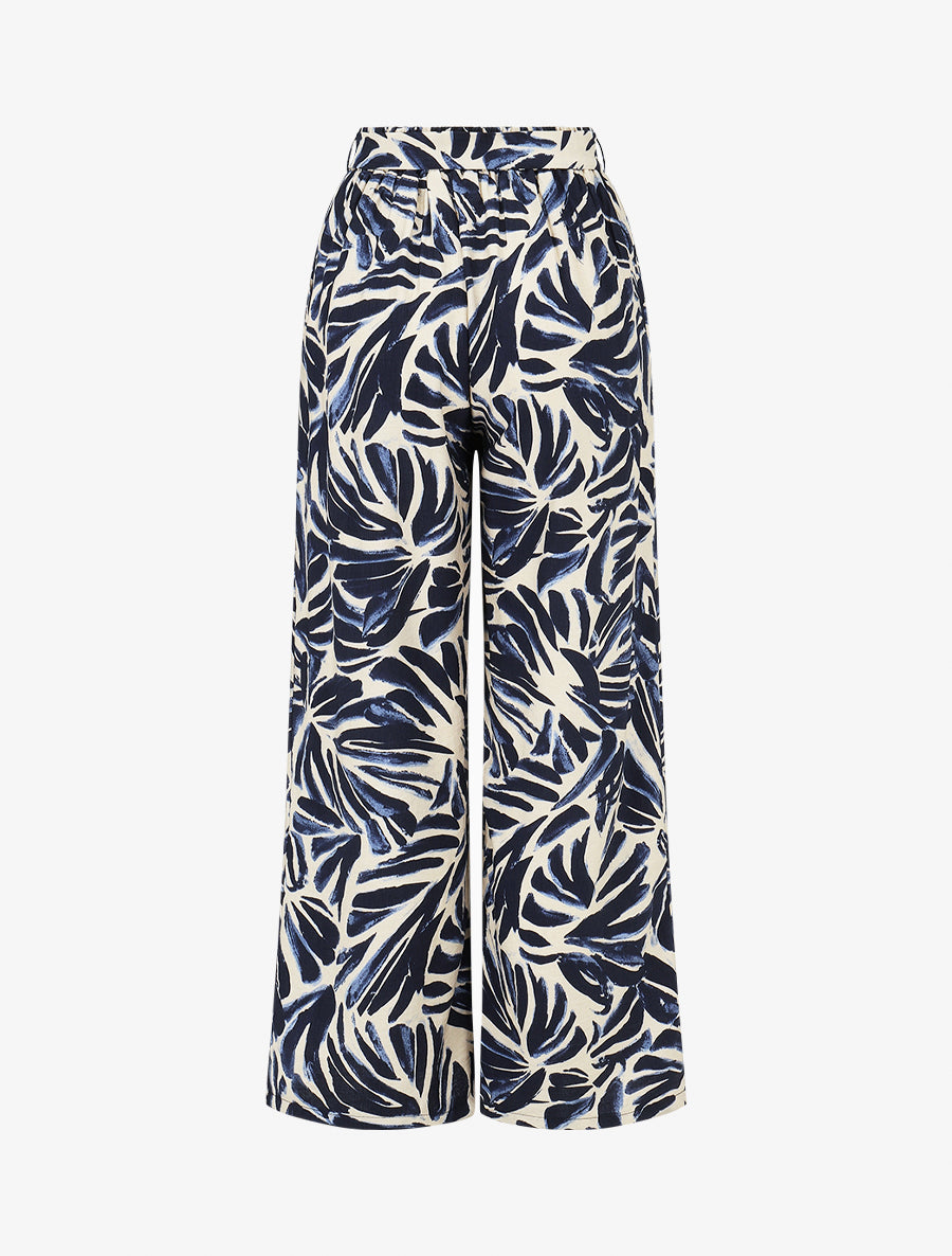 Pantalon imprimé feuilles abstraites à taille haute élastiquée - Marine - 2