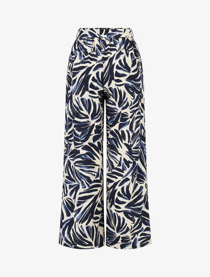 Pantalon imprimé feuilles abstraites à taille haute élastiquée - Marine - 2