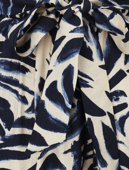 Pantalon imprimé feuilles abstraites à taille haute élastiquée - Marine - 3