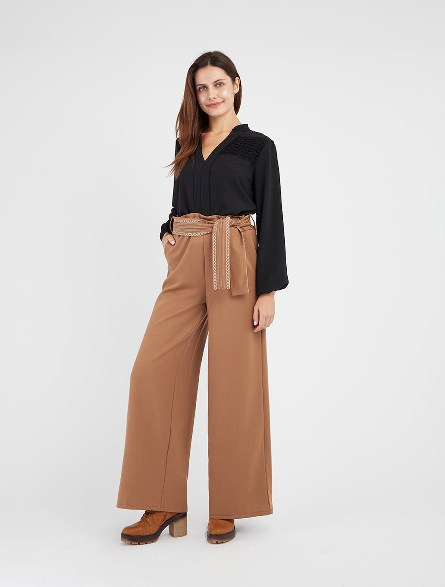 Pantalon ample uni à ceinture - Camel