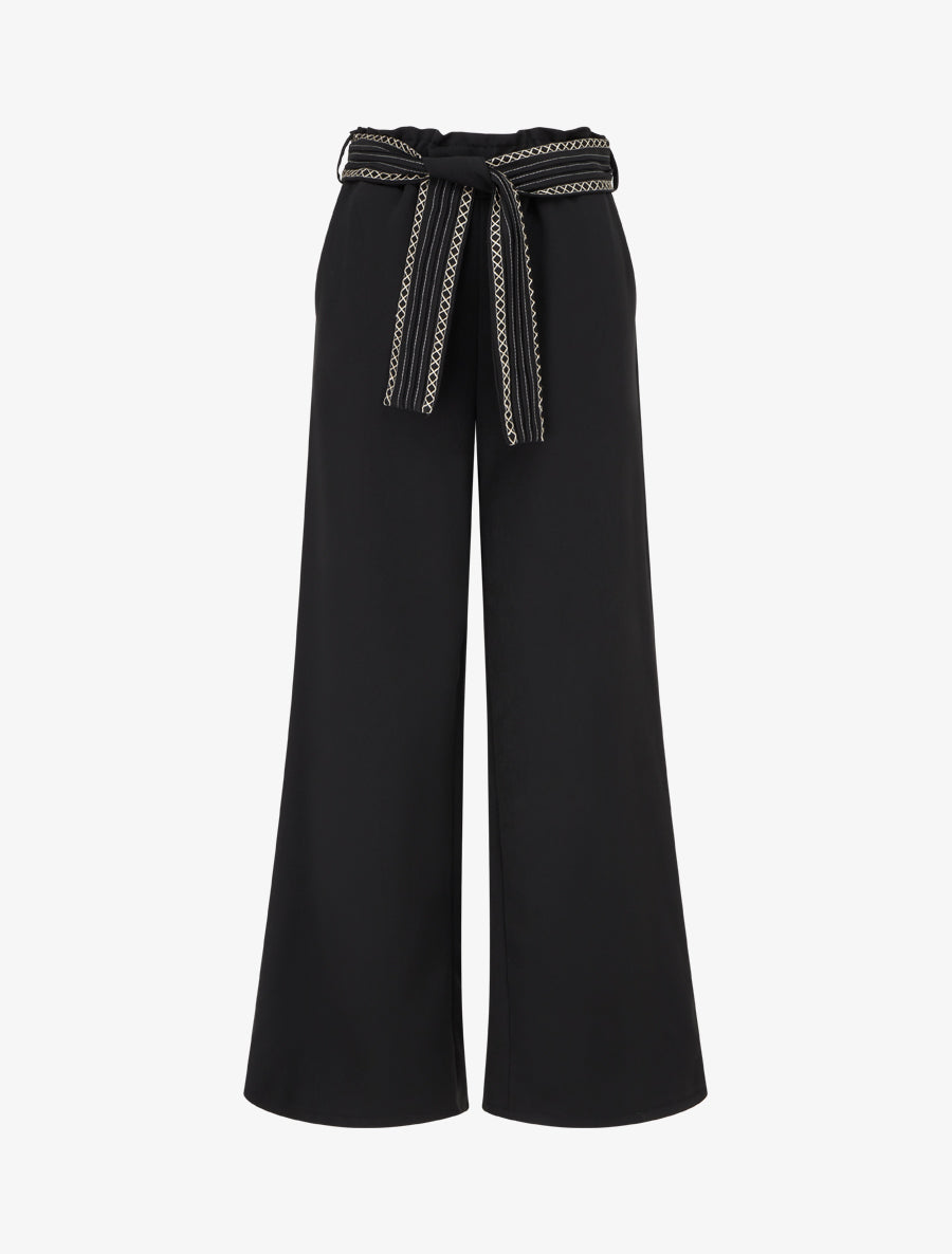 Pantalon ample uni à ceinture - Noir - 1
