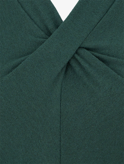 Robe bi-matière à col V froncé - Vert sapin - 3