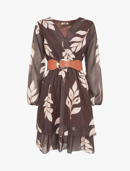 Robe patineuse en voile imprimé feuilles - Marron - 1