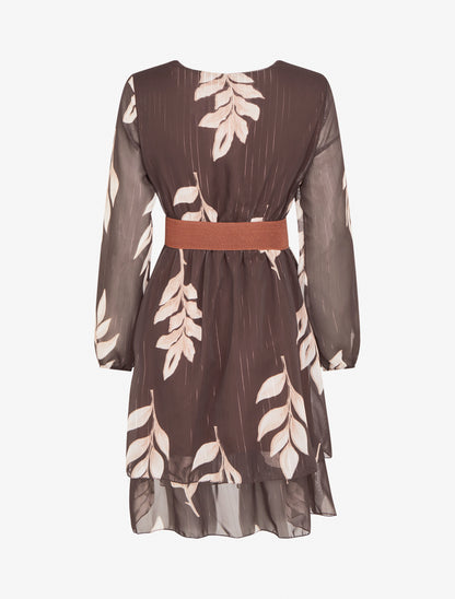Robe patineuse en voile imprimé feuilles - Marron - 2