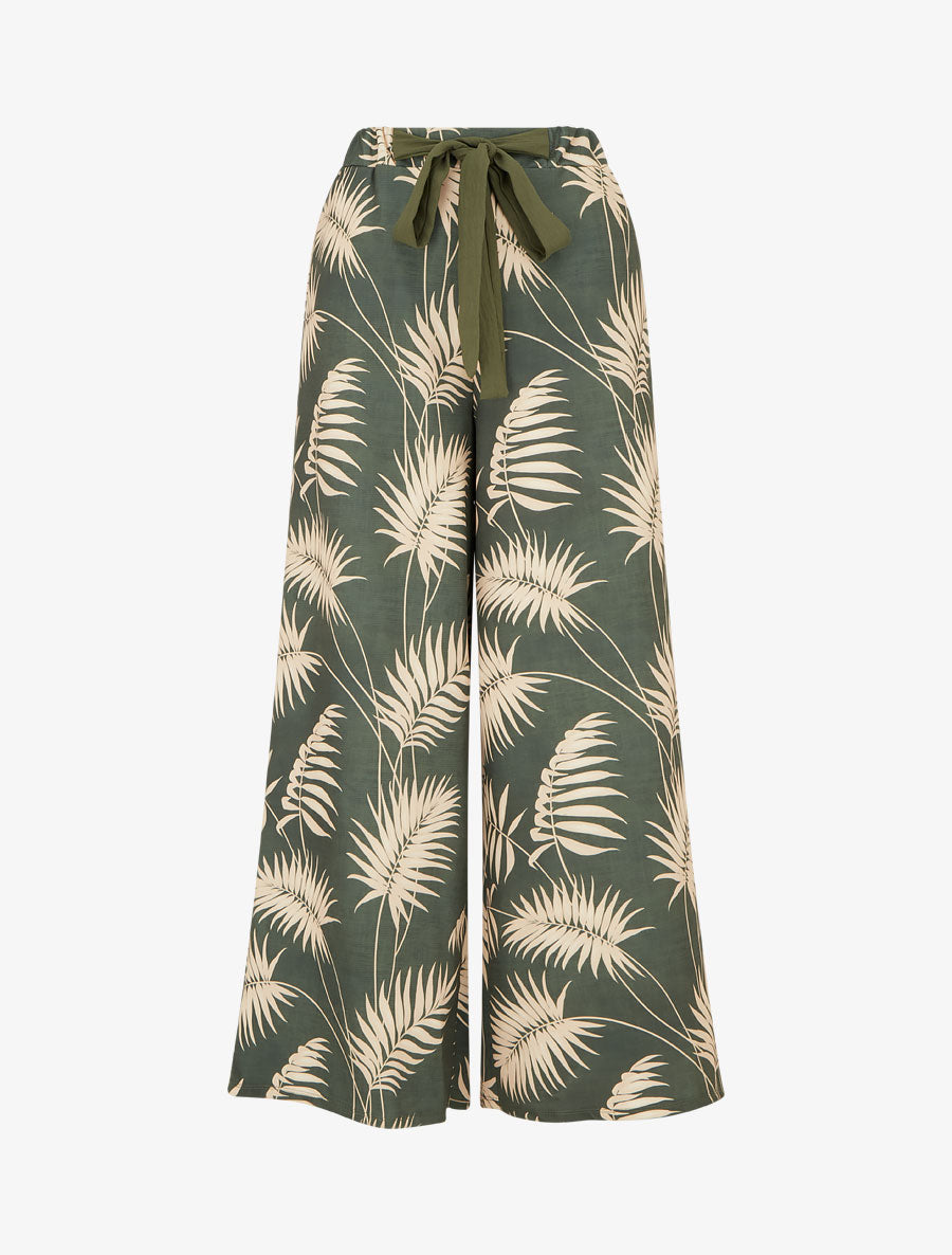 Pantalon ample et fluide imprimé feuilles - Kaki - 1