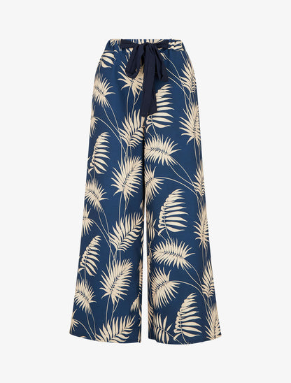 Pantalon ample et fluide imprimé feuilles - Bleu foncé - 1