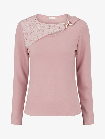 Pull à détail dentelle et empiècement métallique - Rose - 1
