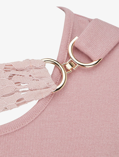 Pull à détail dentelle et empiècement métallique - Rose - 3