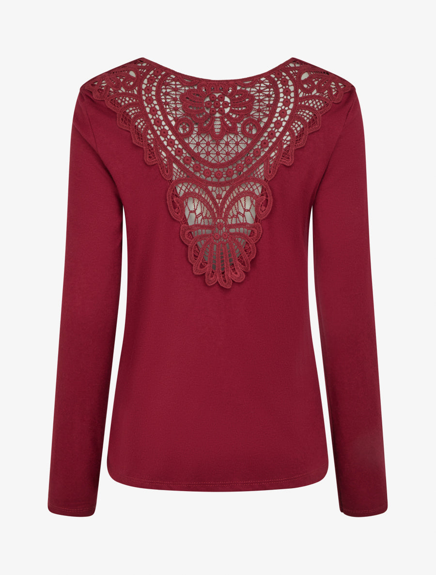 Pull à col bénitier et dos en crochet - Bordeaux