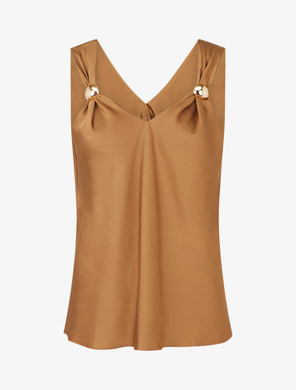 Top satiné à empiècement bijoux - Camel - 1
