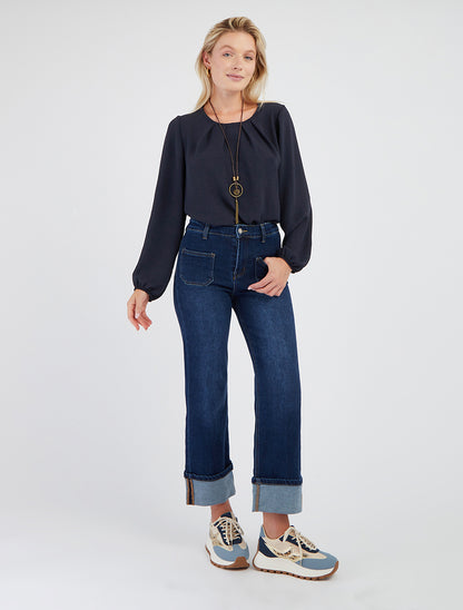 Blouse unie à bords élastiqués - Marine - 8