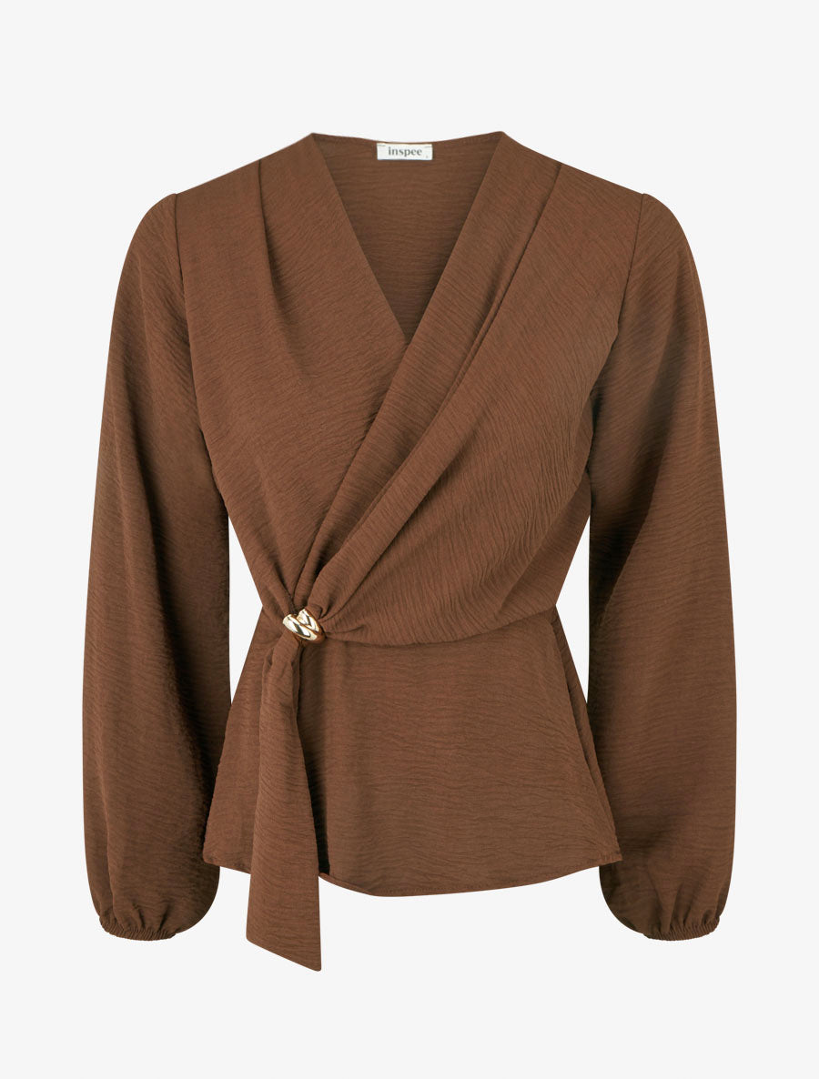 Blouse unie à empiècement bijou - Marron - 1